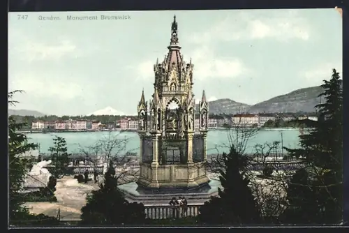 AK Genève, Monument Brunswick und Uferpanorama aus der Vogelschau
