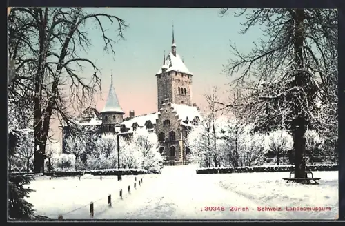 AK Zürich, Schweiz. Landesmuseum mit Anlage im Winter
