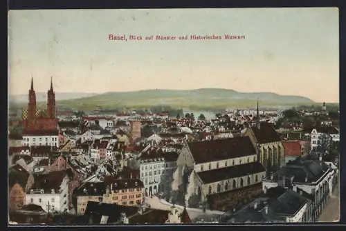 AK Basel, Teilansicht mit Münster u. Historisches Museum aus der Vogelschau