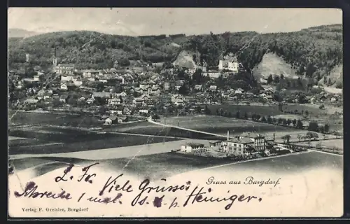 AK Burgdorf, Gesamtansicht mit Strasse und Fabrik aus der Vogelschau
