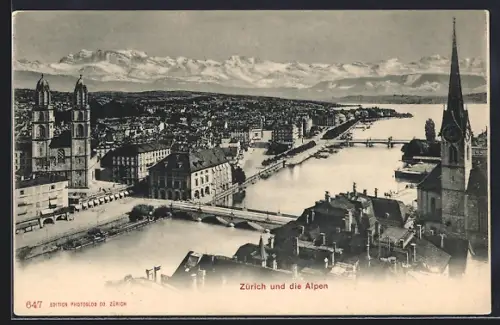 AK Zürich, Teilansicht mit Brücken und Alpen aus der Vogelschau