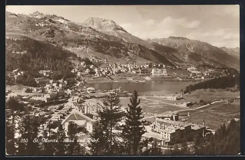 AK St. Moritz, Bad und Dorf mit Bergpanorama aus der Vogelschau