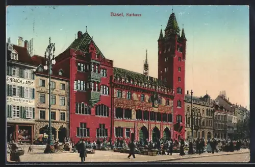 AK Basel, Rathaus mit Marktbetrieb, Panorama