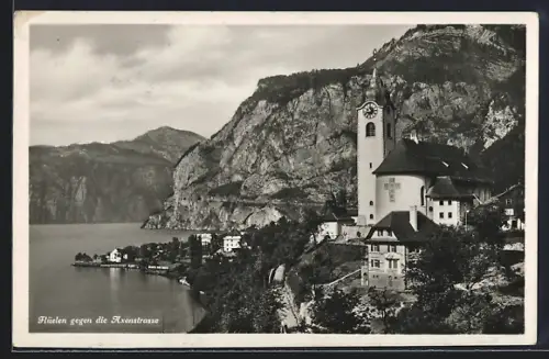 AK Flüelen, Teilansicht mit Kirche gegen Axenstrasse