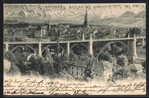 AK Bern, Ortsansicht mit Brücke und Alpen
