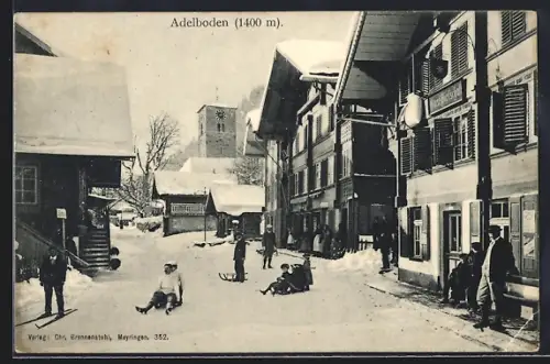 AK Adelboden, Verschneite Strassenpartie im Winter
