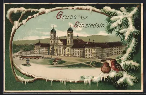 Künstler-AK Einsiedeln, Kloster mit Strassenpartie, Tannenzweig mit Vögeln im Winter, Passepartout