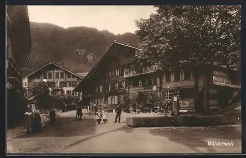 AK Wilderswil, Strassenpartie mit Brunnen