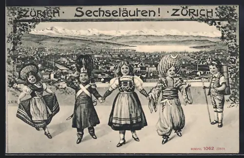 AK Zürich, Sechseläuten, Kinder in Tracht, Passepartout