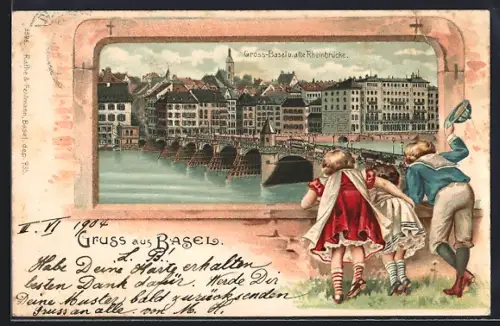 Passepartout-Lithographie Basel, Ausblick auf die Stadt mit alter Rheinbrücke