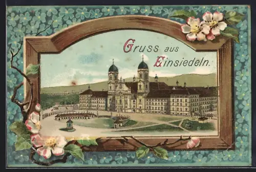 Künstler-AK Einsiedeln, Kloster mit Strassenpartie, Vergissmeinnicht, Passepartout