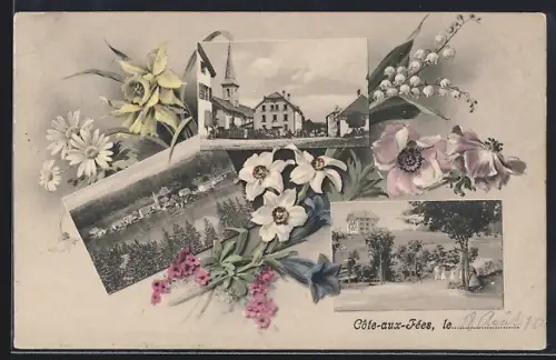 AK Côte-aux-Fées, Strassenpartie, Uferpartie, Ortspartie, Margeriten u. Glockenblume