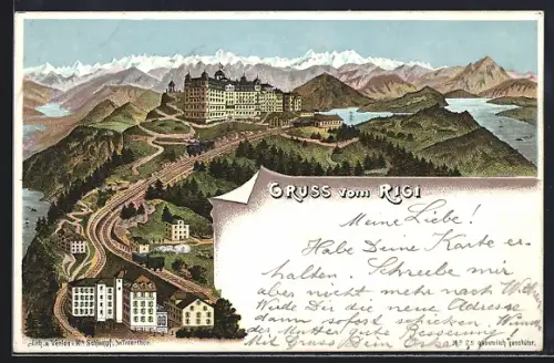 Lithographie Rigi, Bergbahn mit Rigi-Hotel
