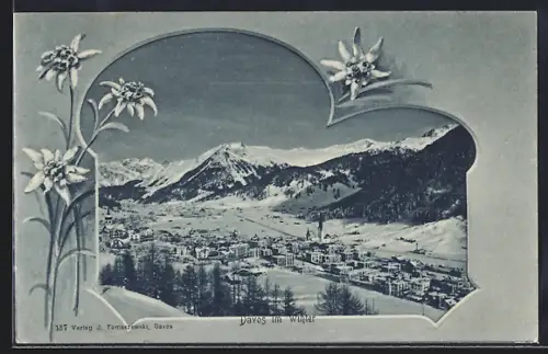 AK Davos, Teilansicht im Winter, Edelweiss, Passepartout