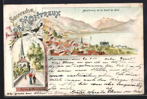 Lithographie Montreux, Panorama et la Dent du Midi, L`Eglise