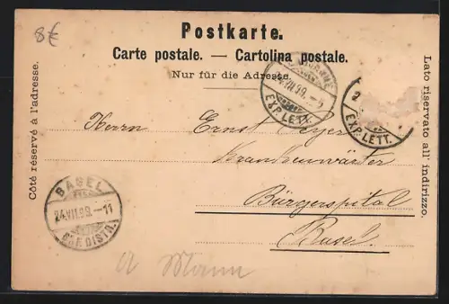 Lithographie Montreux, Panorama et la Dent du Midi, L`Eglise