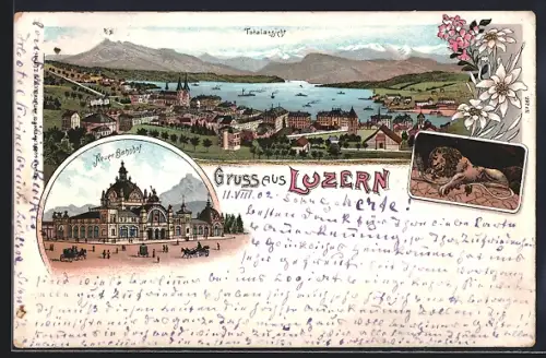 Lithographie Luzern, Totalansicht aus der Vogelschau, Neuer Bahnhof und Hotel St. Gotthard