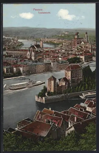 AK Passau, Totalansicht aus der Vogelschau mit Donau, Inn und Ilz