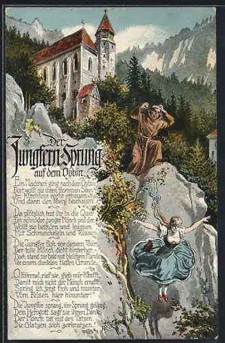 Künstler-AK Oybin, Darstellung des Jungfernsprung unter der Kirche