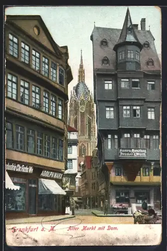 AK Alt-Frankfurt, Alter Markt mit Dom, Geschäft von Adolph Marx