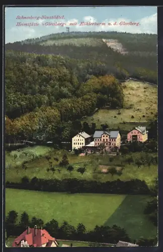 AK Gleesberg, Heimstätte mit Köhlerturm aus der Vogelschau