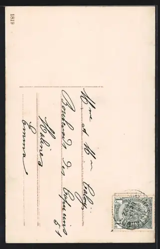 Foto-AK EAS Nr. 5: Frau mit Kuvert und Geldsäcken, Neujahrsgruss