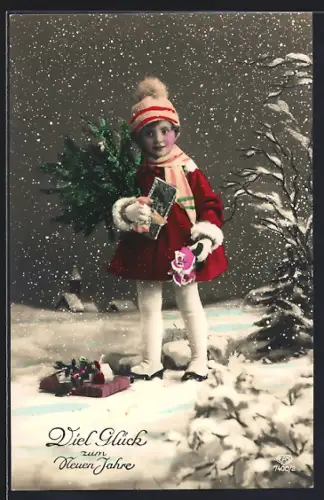 Foto-AK EAS Nr. 7400/2: Kind mit Tannenbaum bei Schneefall, Neujahrsgruss