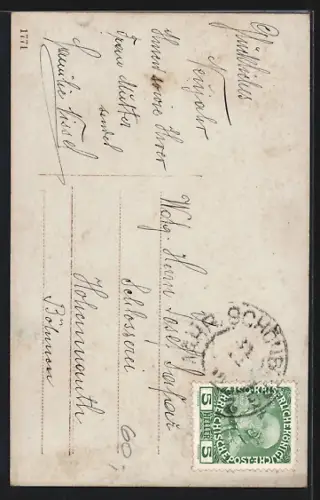 Foto-AK EAS Nr. 6: Junge im Matrosenanzug mit Hufeisen, Neujahrsgruss