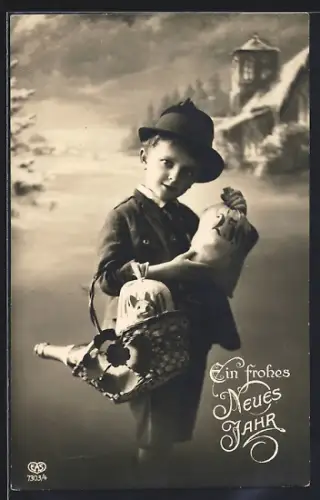 Foto-AK EAS Nr. 7303/4: Kleiner Junge mit Geldsäcken, Neujahrsgruss
