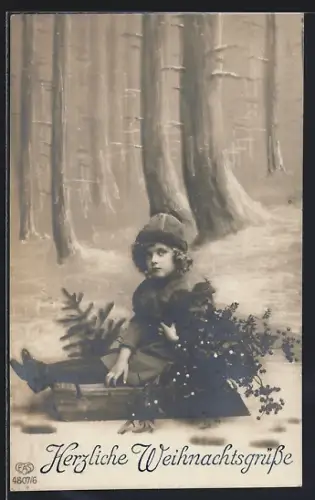 Foto-AK EAS Nr. 4807/6: Kind auf Schlitten mit Mistelzweigen, Weihnachtsgruss