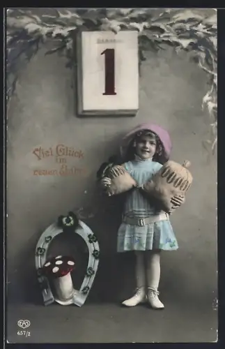 Foto-AK EAS Nr. 657/2: Kind mit Geldsäcken am Kalender, Neujahrsgruss
