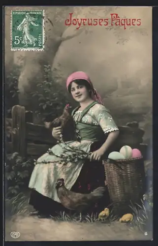 Foto-AK EAS Nr. 1353: Frau mit Hühnern und Osterkorb, Ostergruss