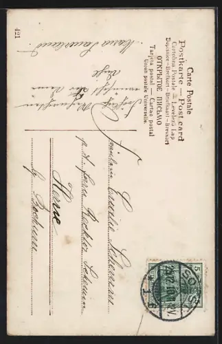 Foto-AK EAS Nr. 421: Frau mit Tannenbaum und Päckchen, Weihnachtsgruss