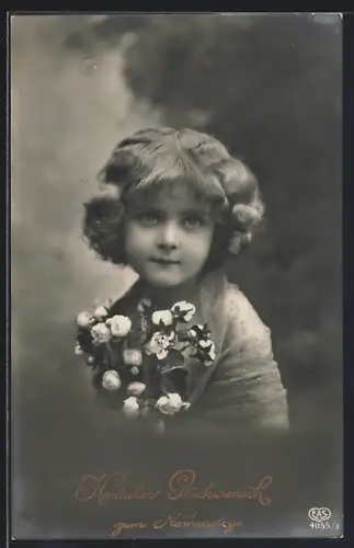 Foto-AK EAS Nr. 4055/3: Mädchen mit Blumen, Glückwunsch zum Namenstag