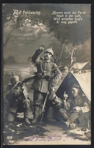 Foto-AK EAS Nr. 1559/3: Auf Feldwache, Kommt auch der Feind..., Soldaten am Zelt