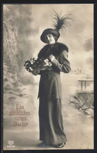 Foto-AK EAS Nr. 4303/2: Elegante Dame mit Blumenkorb, Neujahrsgruss