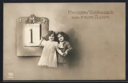 Foto-AK EAS Nr. 3779/6: Kinderpaar am Kalender, Neujahrsgruss