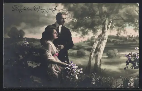 Foto-AK EAS Nr. 5451/1: Liebespaar im Park, Pfingstgruss
