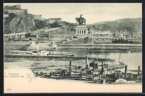 AK Coblenz, Das deutsche Eck mit Denkmal