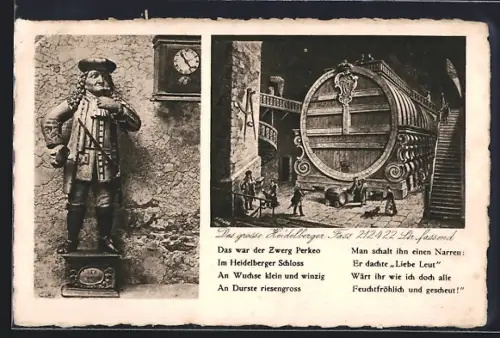AK Heidelberg, Heidelberger Schloss, das grosse Fass und Perkeo-Zwerg