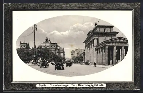 Präge-AK Berlin, Brandenburger Tor und Reichstagsgebäude, Passepartout