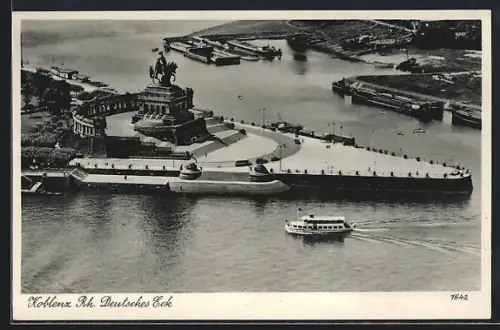 AK Koblenz, Deutsches Eck mit dem Kaiser-Wilhelm-Denkmal aus der Vogelperspektive