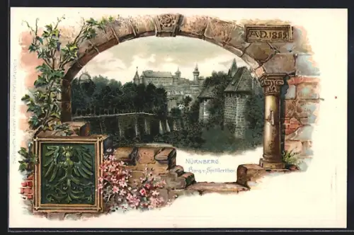 Passepartout-Lithographie Nürnberg, Burg v. Spittlertor, Wappen