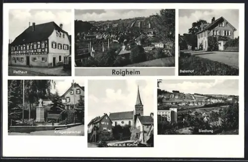 AK Roigheim, Rathaus, Bahnhof, Partie an der Kirche, Kriegerdenkmal