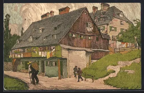 Künstler-AK Ernst E. Schlatter: Ortspartie mit Wohnhäusern