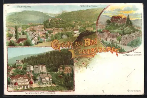 Lithographie Bad Elgersburg, Schloss & Wasserheilanstalt, Kuranstalt & Villengruppe