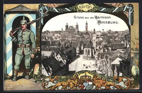 Passepartout-AK Augsburg, Ortspartie aus der Vogelschau, Soldat in Uniform mit Pickelhaube und Gewehr, Wappen