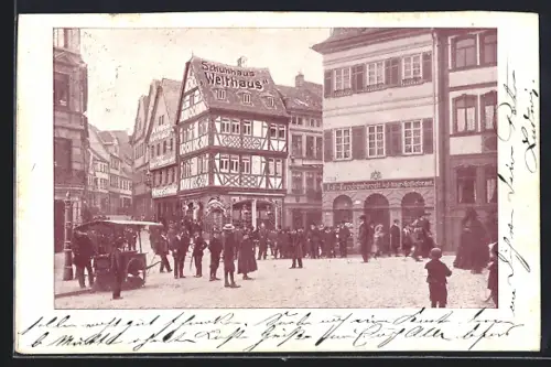 AK Aschaffenburg, Ortspartie mit Schuhhaus Welthaus und Geschäft von Hoflieferant Trockenbrodt