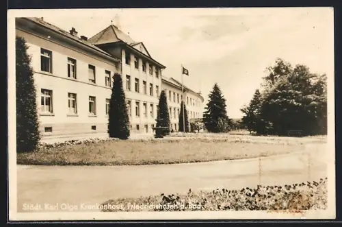 AK Friedrichshafen a. Bod., Städt. Karl Olga Krankenhaus, -Fahne