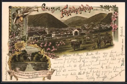 Lithographie Friedrichroda, Schloss Reinhardsbrunn, Panoramablick auf die Stadt